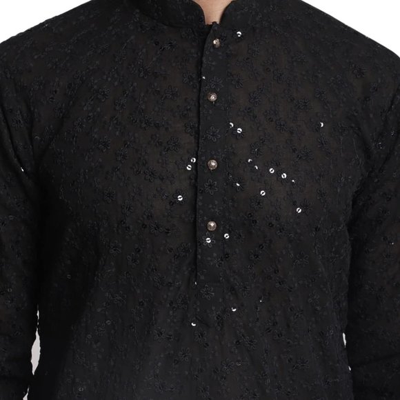 Black Floral Embroidered Chikankari Kurta Pyjama Set For Men - Picture 6 of 7